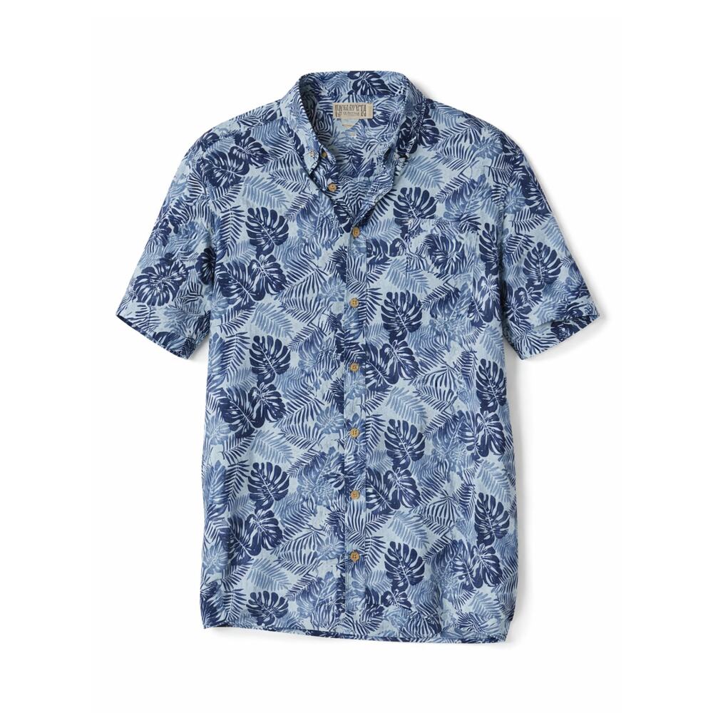 Duluth Hawaiian Tropical Leaf Blue Button Up Shirt Cruise Island Vacation L